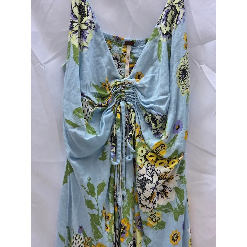Free People Women Blue Floral Drawstring Smocked Back Mini Dress XS OB1125219